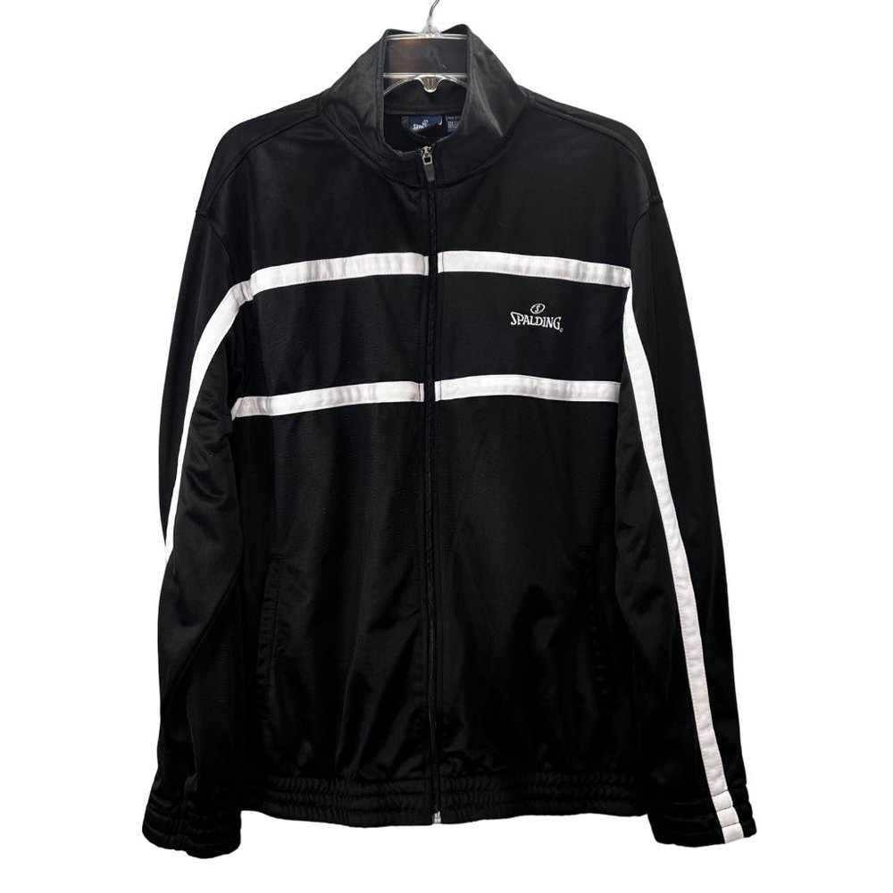 Spalding Track Jacket size L Men Black White Stripes Full Zip Warmup